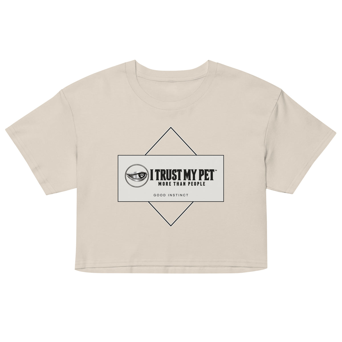 Bone Good Instinct cotton crop tee, front with complete I Trust My Pet™ logo and geometric stone panel, garment-only view.