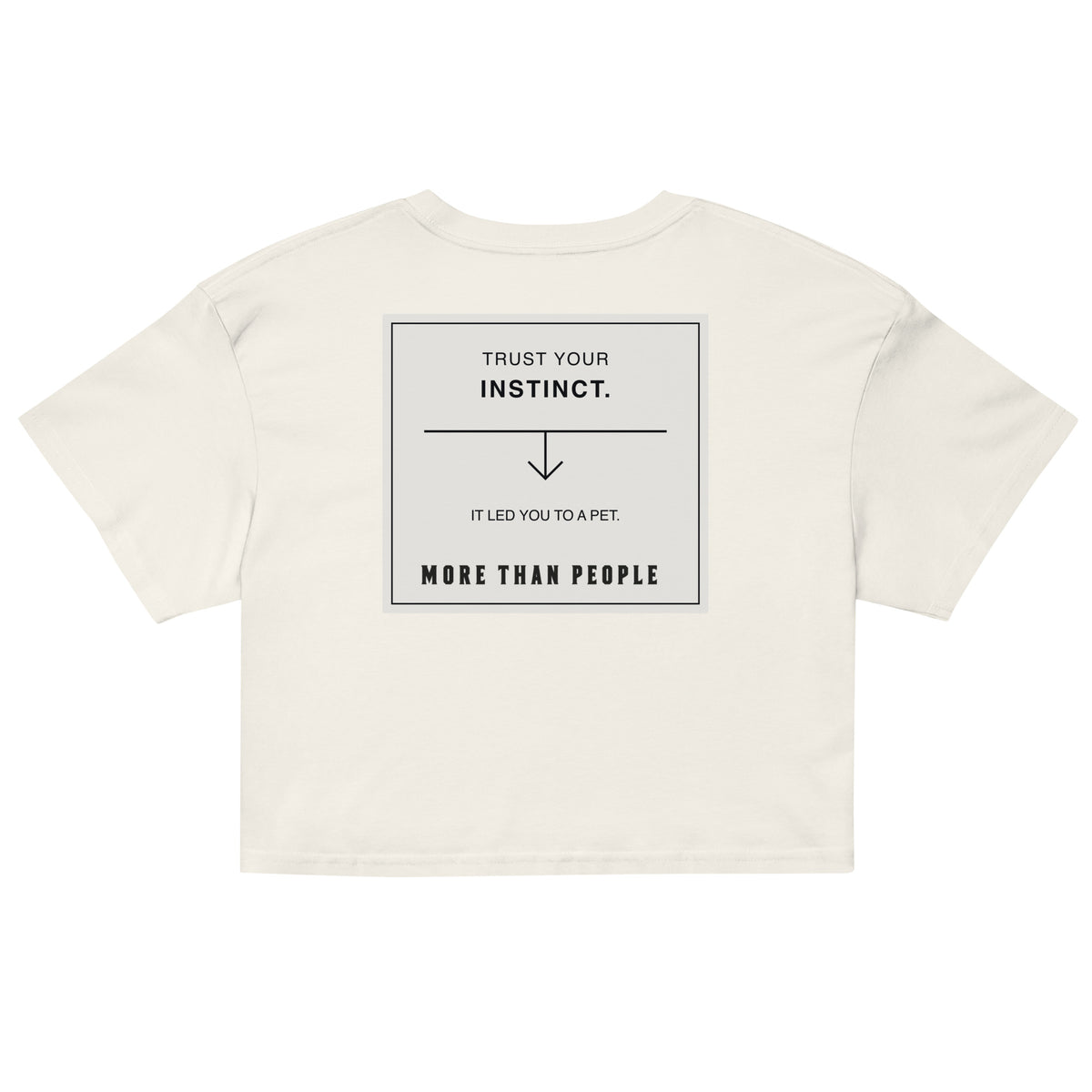 Ecru Good Instinct cotton crop tee, back with contrasting graphic and More than people lettering, garment-only view.