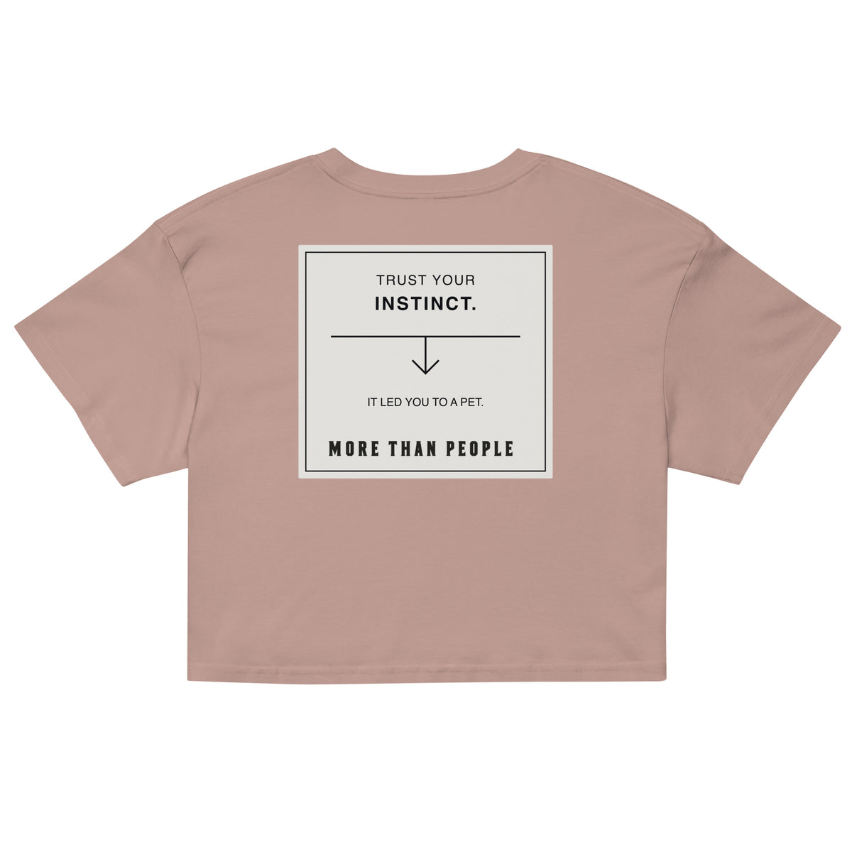 Hazy pink Good Instinct cotton crop tee, back with contrasting graphic and More than people lettering, garment-only view.