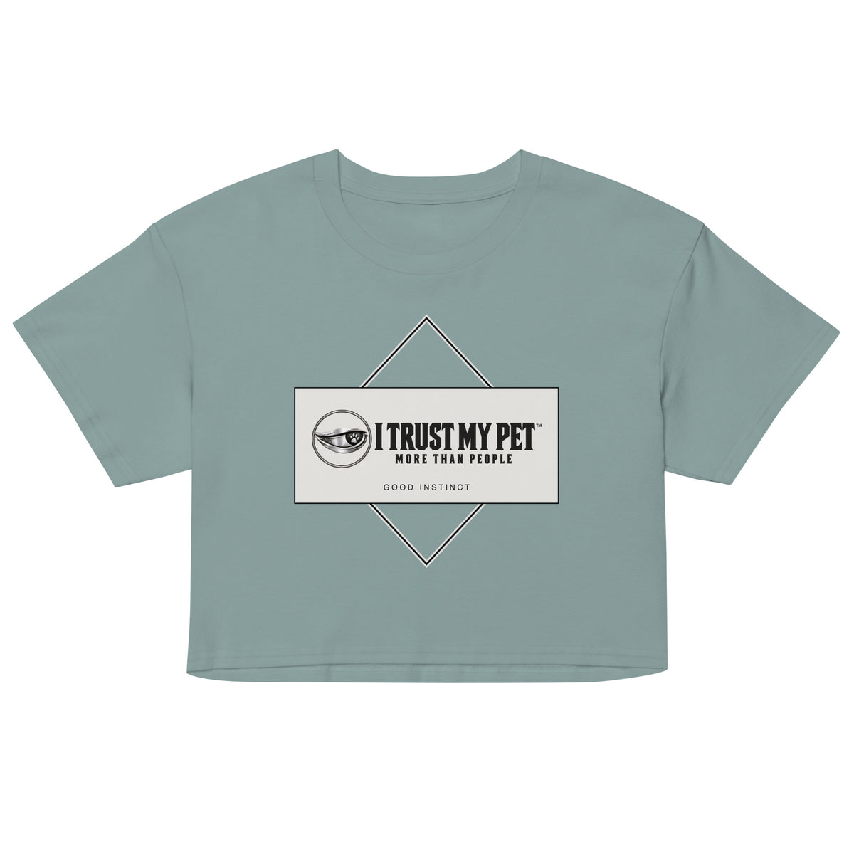 Mineral Good Instinct cotton crop tee, front with complete I Trust My Pet™ logo and geometric stone panel, garment-only view.