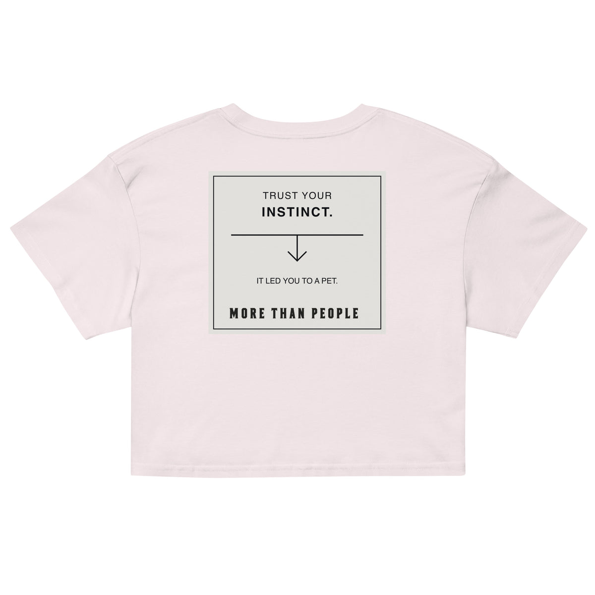 Orchid Good Instinct cotton crop tee, back with contrasting graphic and More than people lettering, garment-only view.