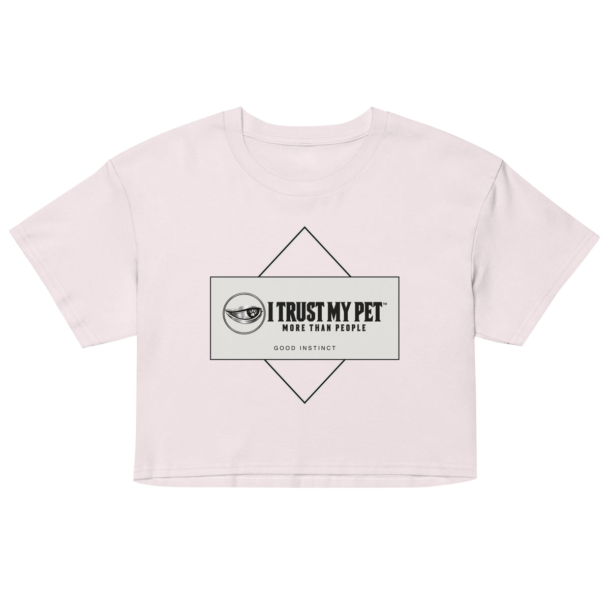 Orchid Good Instinct cotton crop tee, front with complete I Trust My Pet™ logo and geometric stone panel, garment-only view.