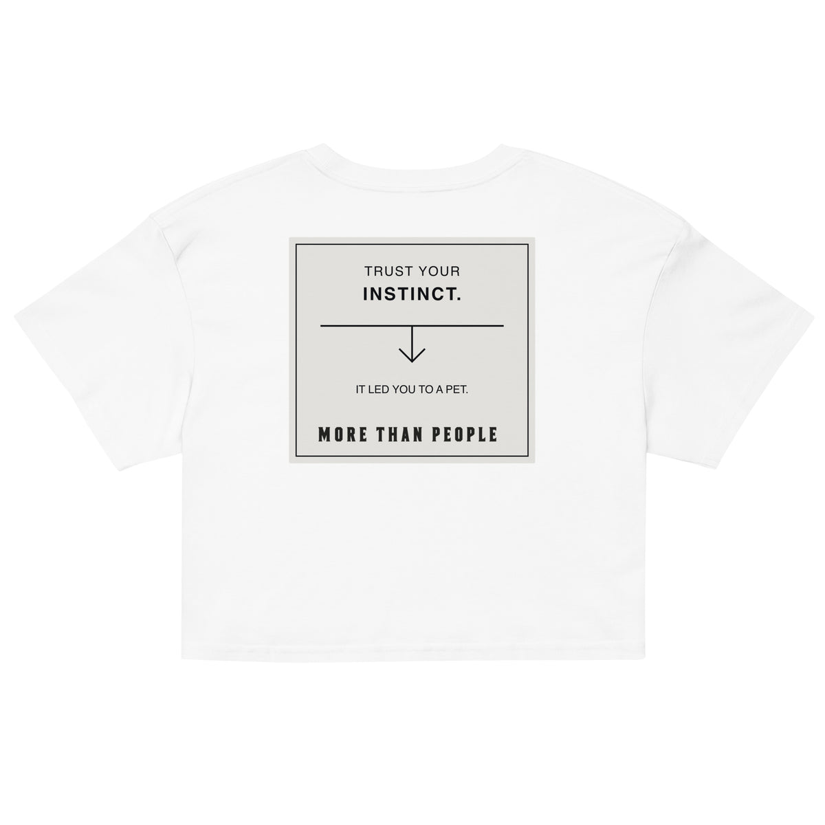 White Good Instinct cotton crop tee, back with contrasting graphic and More than people lettering, garment-only view.