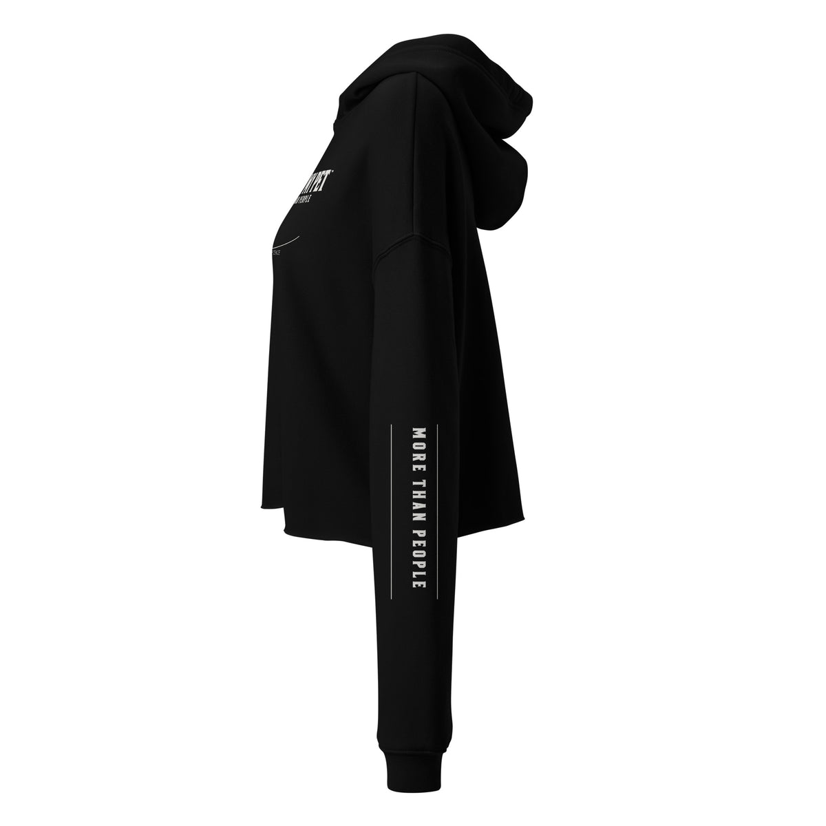 Black Quiet Confidence cropped hoodie by I Trust My Pet™, left sleeve view showing the long More than people print and fine line accents