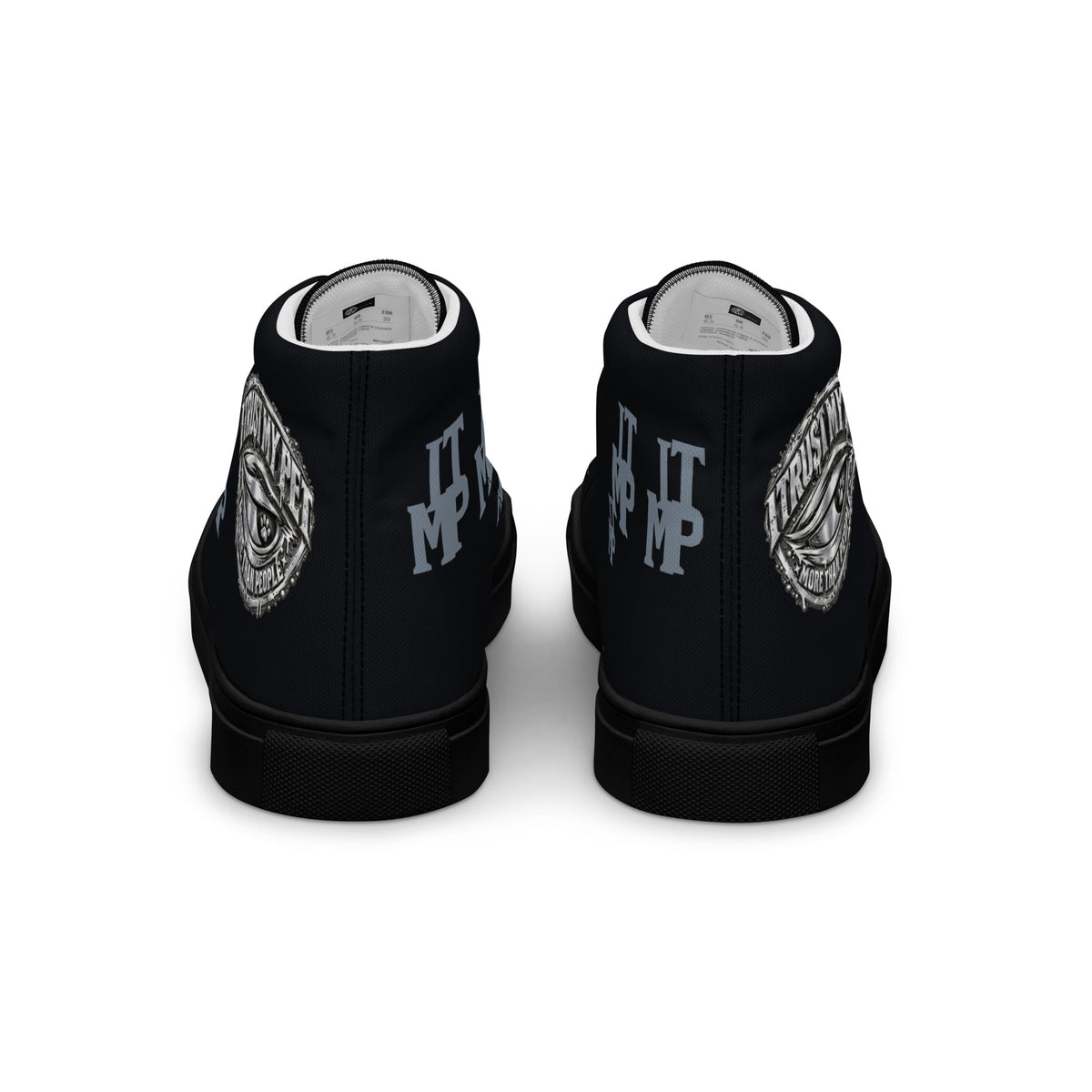 I Trust My Pet™ women’s Signature Monogram high-top canvas shoes with black soles and matching laces, rear view showing the heels and charcoal monograms.