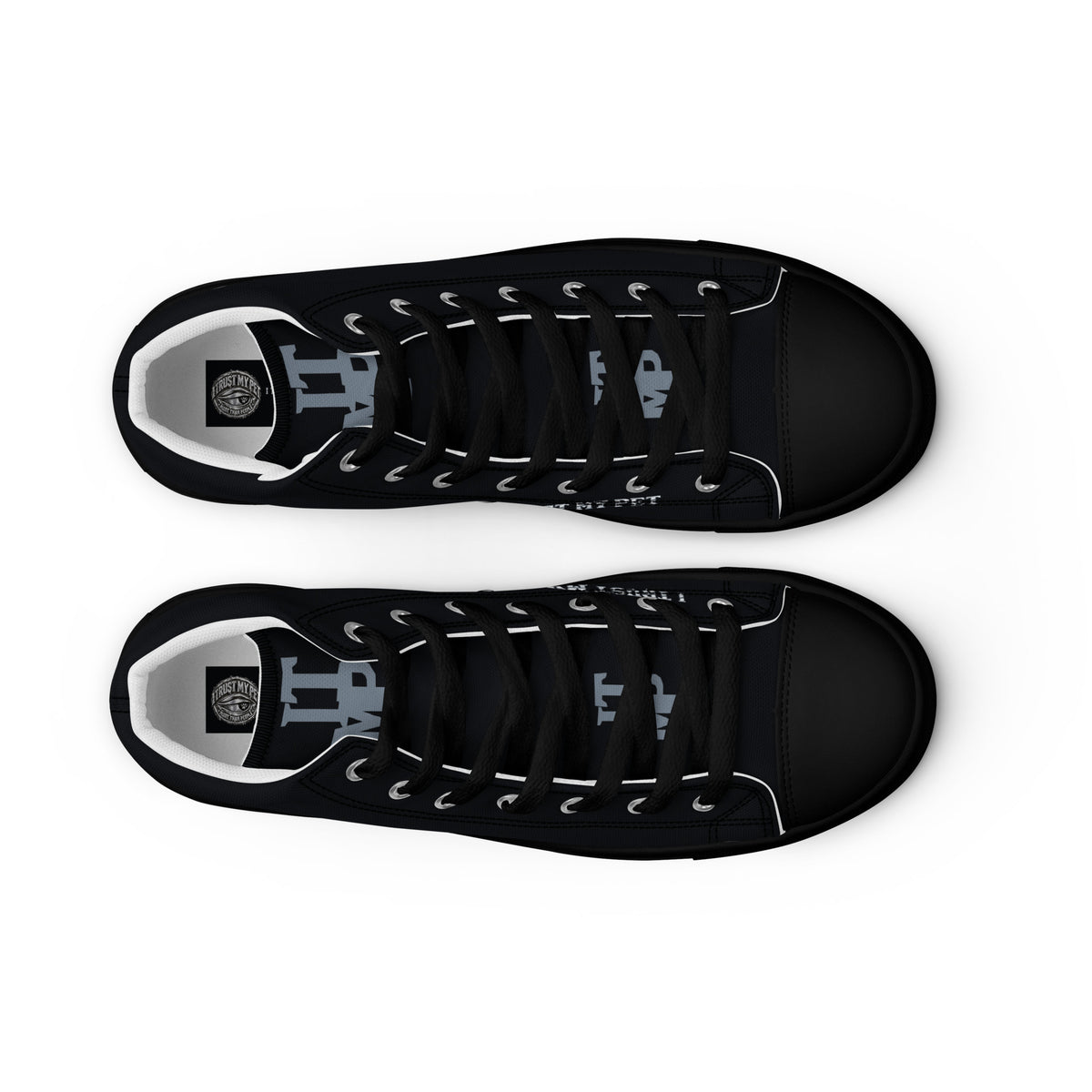 I Trust My Pet™ women’s Signature Monogram high-top canvas shoes with black soles and matching laces, top view showing the printed tongues and branded insoles.