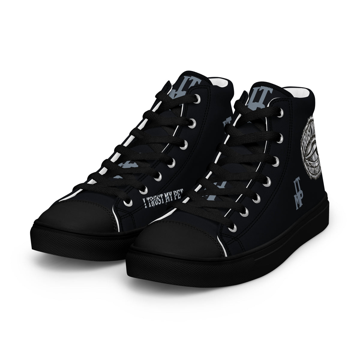 I Trust My Pet™ women’s Signature Monogram high-top canvas shoes with black soles and matching laces, front three-quarter view with custom lettering and ankle crest.