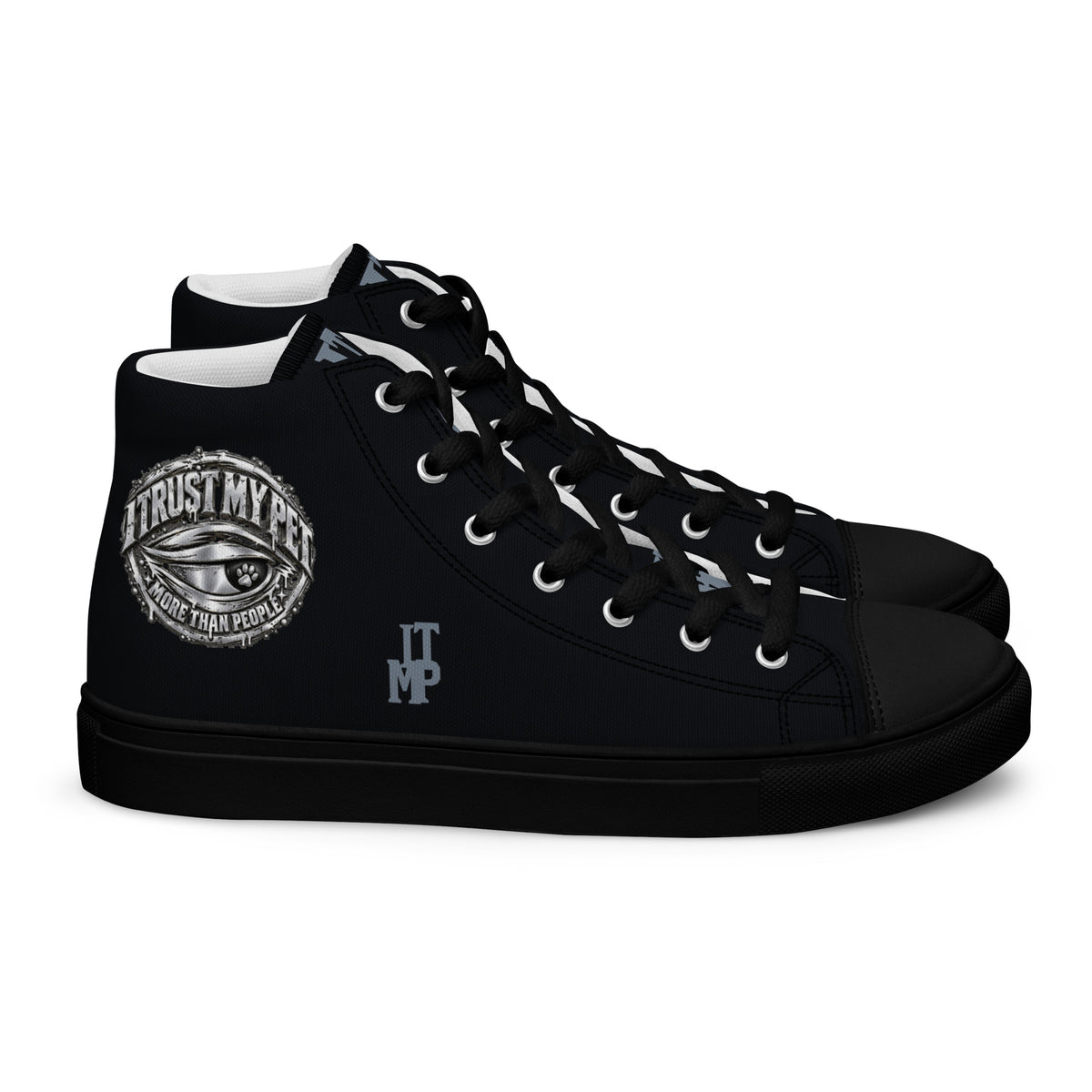 I Trust My Pet™ women’s Signature Monogram high-top canvas shoes with black soles and matching laces, right side view showing the complete original silver-look crest.