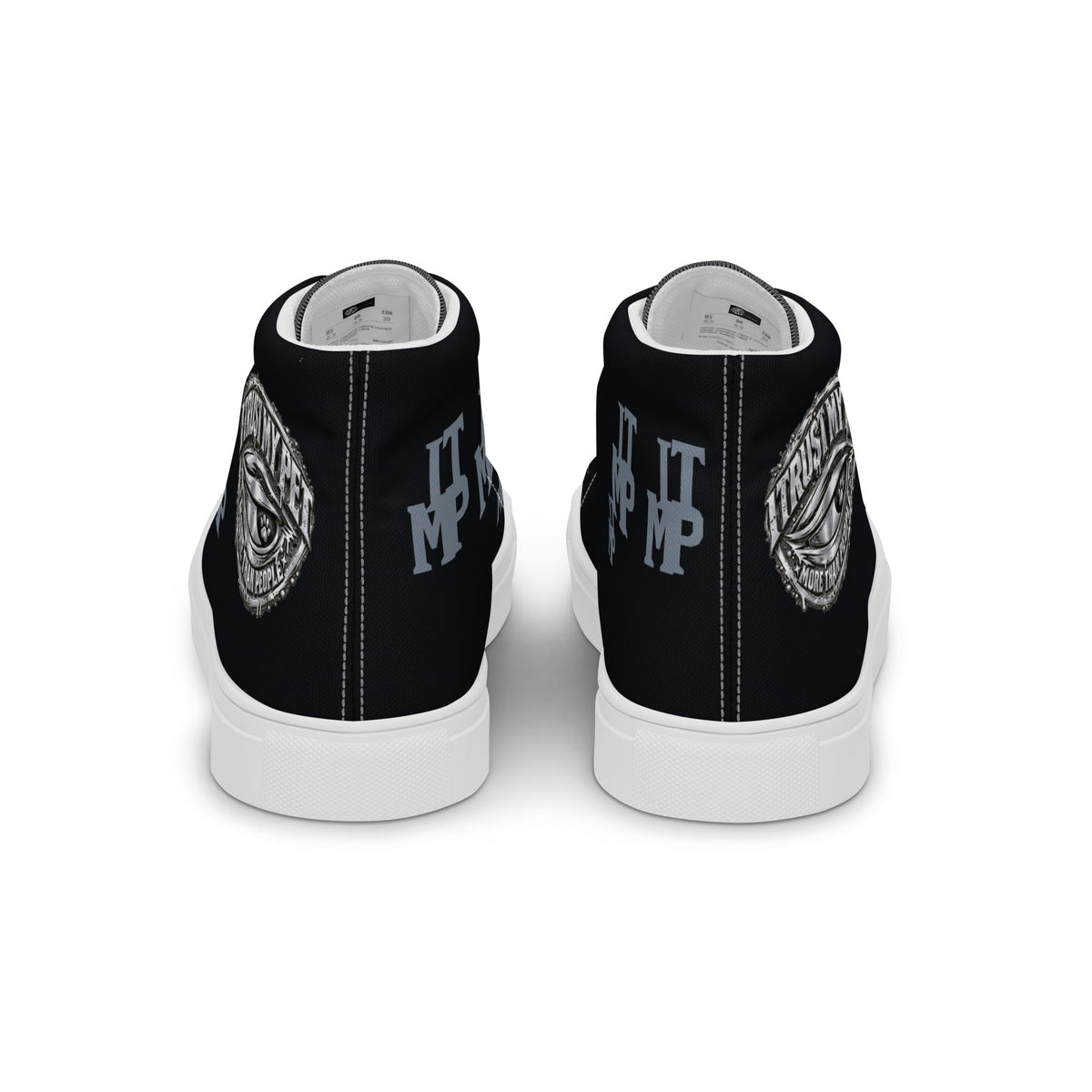 I Trust My Pet™ women’s Signature Monogram high-top canvas shoes with white soles and matching laces, rear view showing the heels and charcoal monograms.