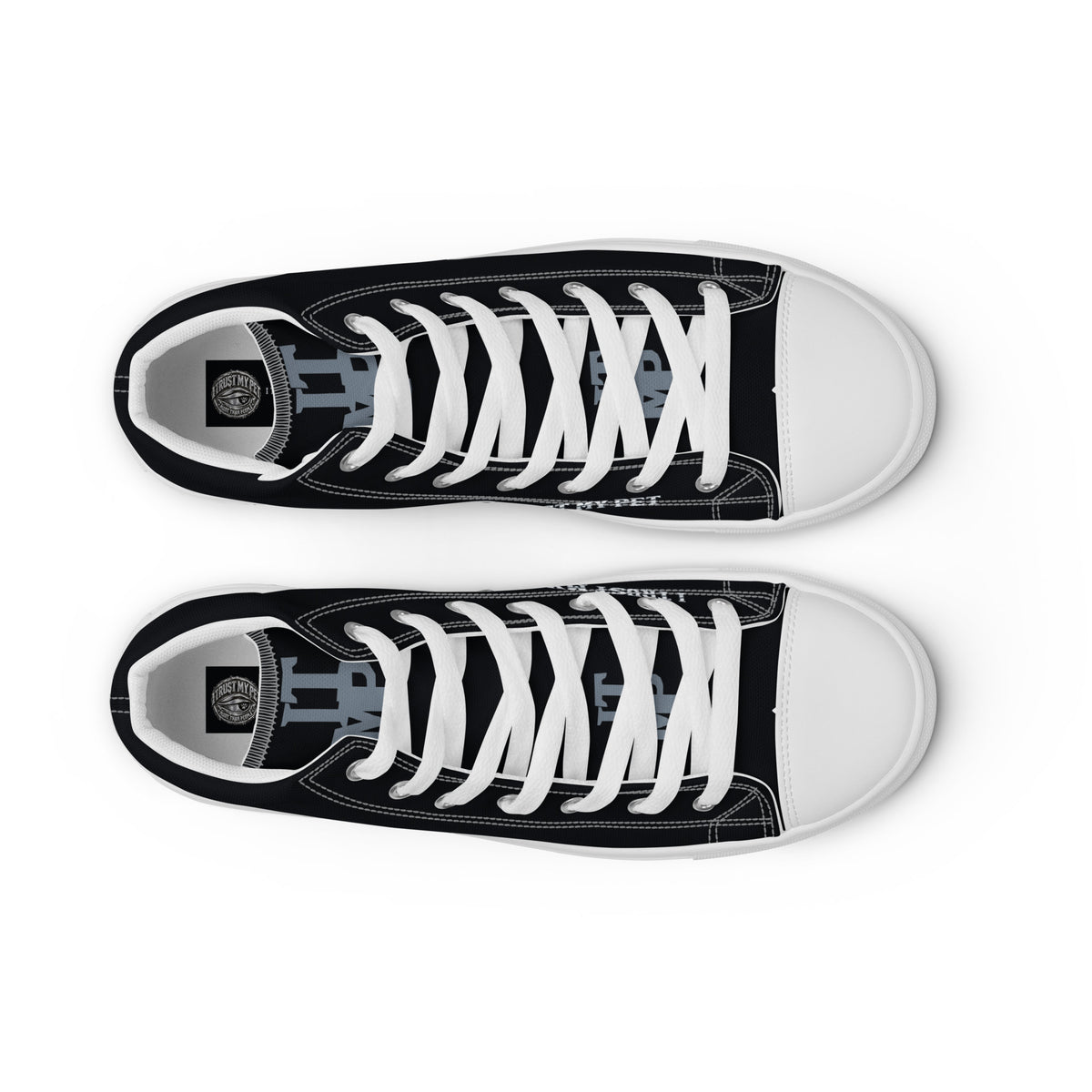 I Trust My Pet™ women’s Signature Monogram high-top canvas shoes with white soles and matching laces, top view showing the printed tongues and branded insoles.
