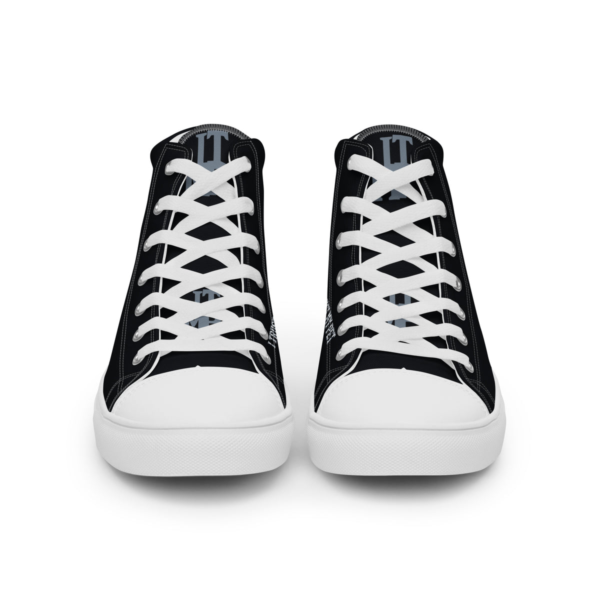 I Trust My Pet™ women’s Signature Monogram high-top canvas shoes with white soles and matching laces, front view showing the lace-up design and monogram tongues.