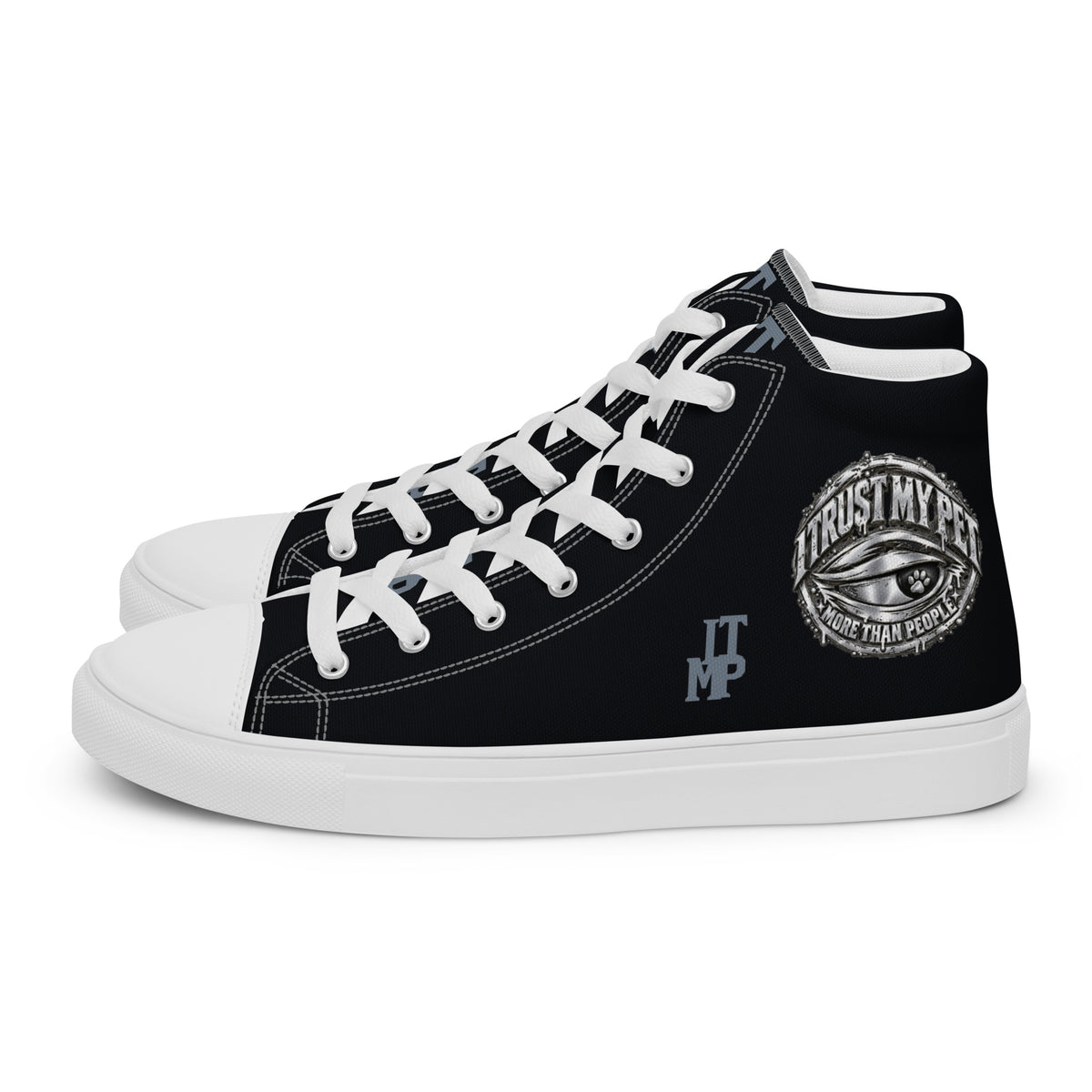 I Trust My Pet™ women’s Signature Monogram high-top canvas shoes with white soles and matching laces, left side view showing the complete original silver-look crest.