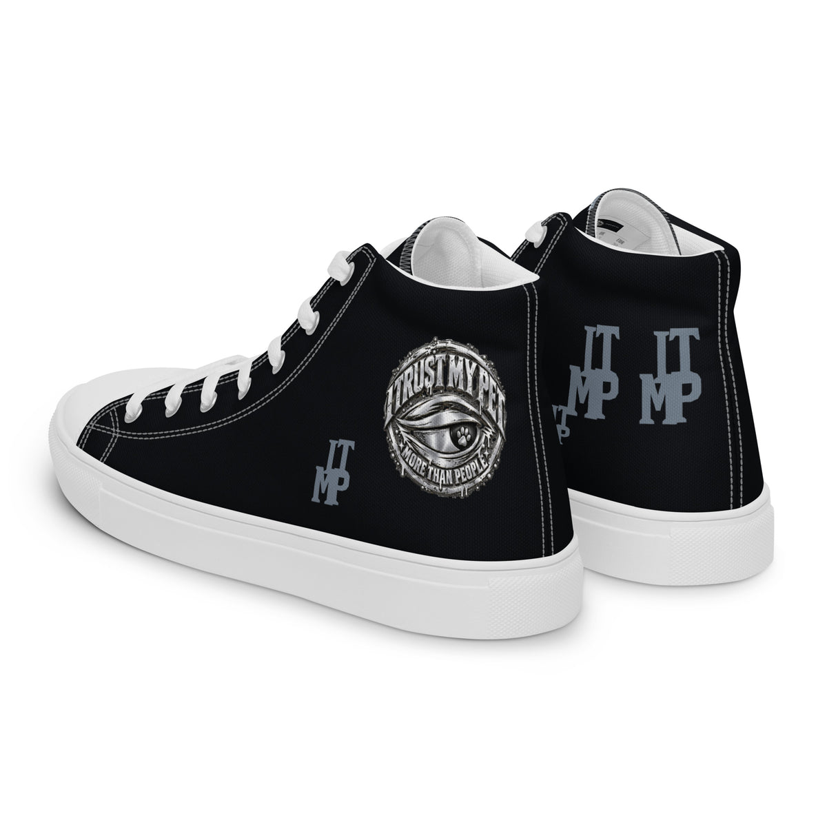 I Trust My Pet™ women’s Signature Monogram high-top canvas shoes with white soles and matching laces, rear three-quarter view with crest and monogram details.
