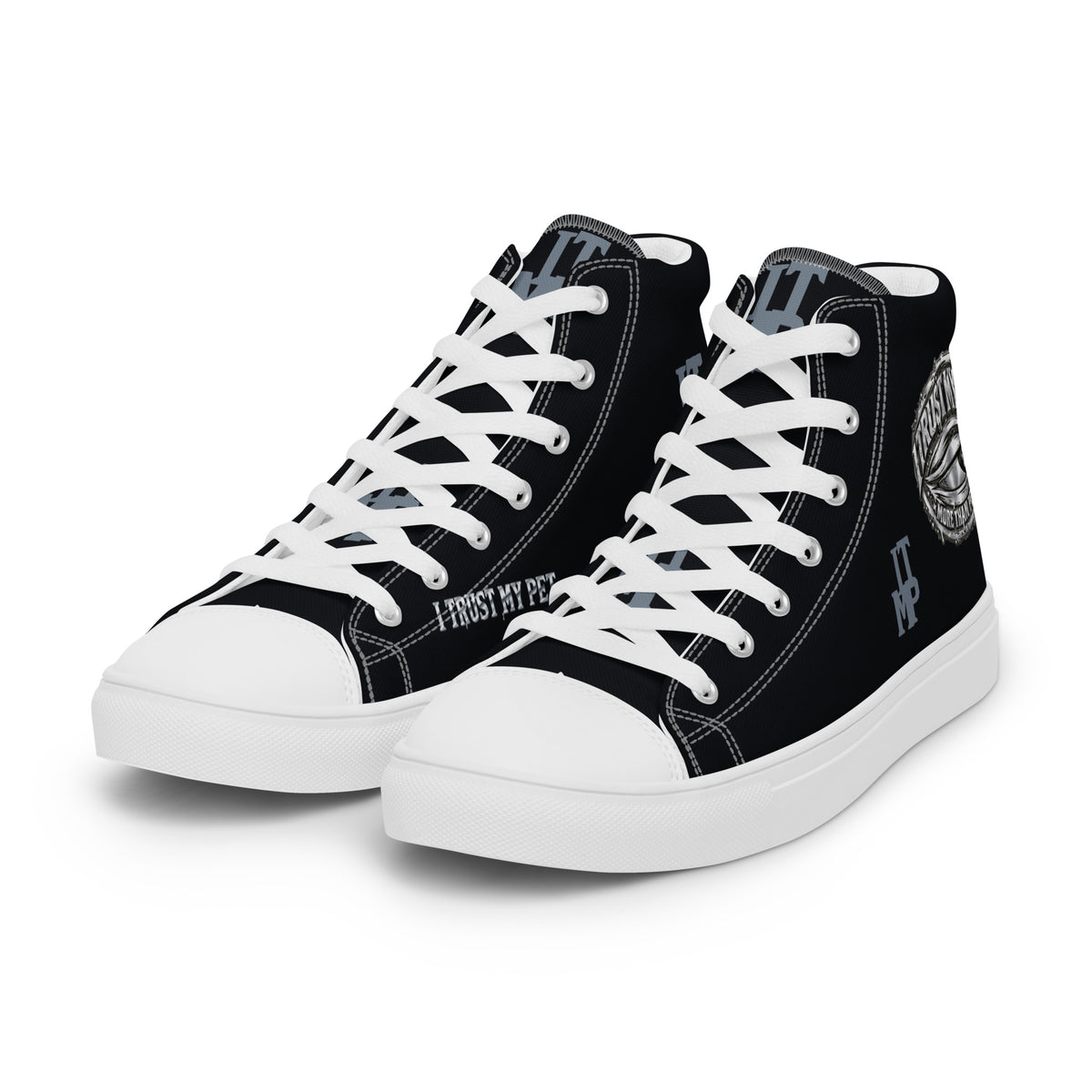 I Trust My Pet™ women’s Signature Monogram high-top canvas shoes with white soles and matching laces, front three-quarter view with custom lettering and ankle crest.