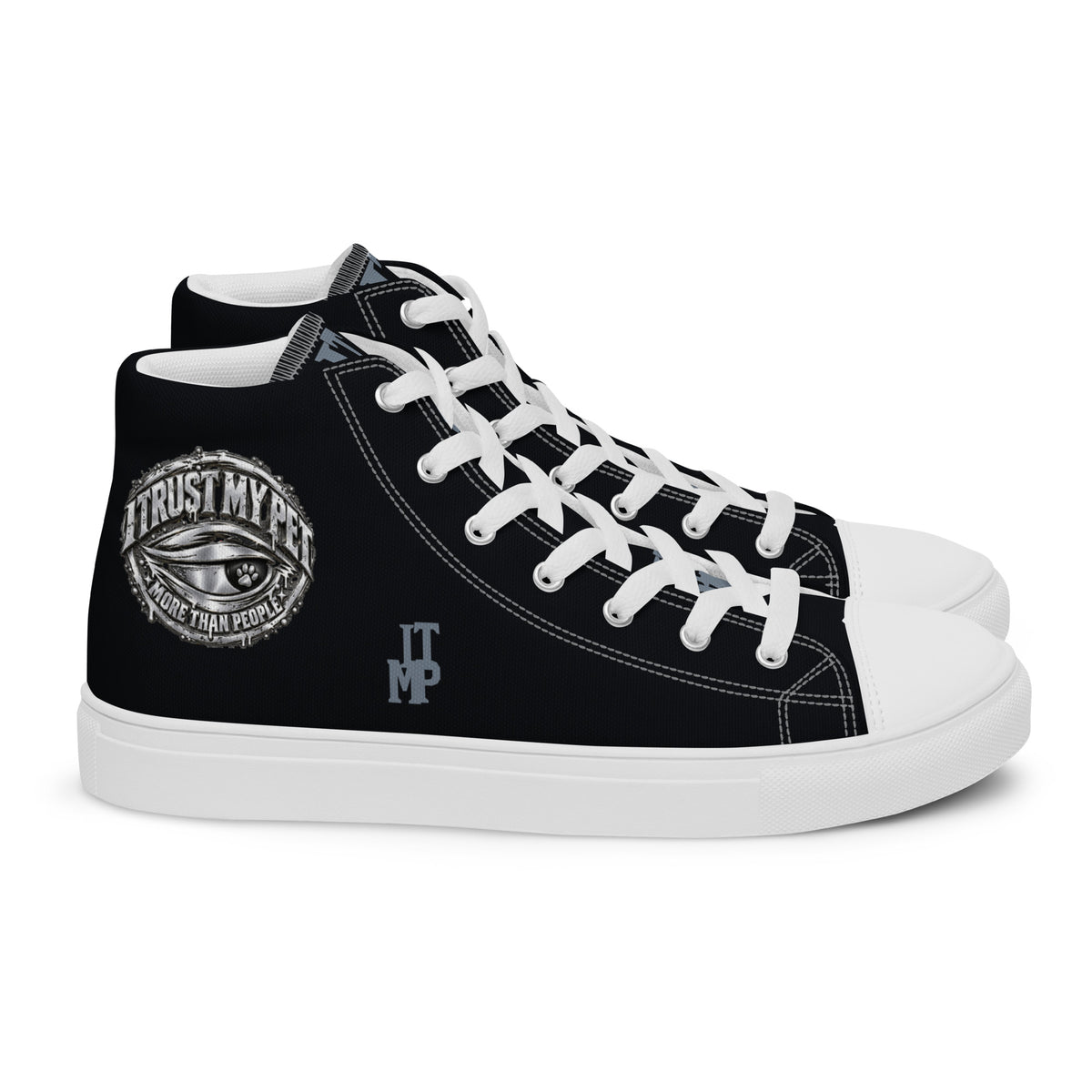 I Trust My Pet™ women’s Signature Monogram high-top canvas shoes with white soles and matching laces, right side view showing the complete original silver-look crest.
