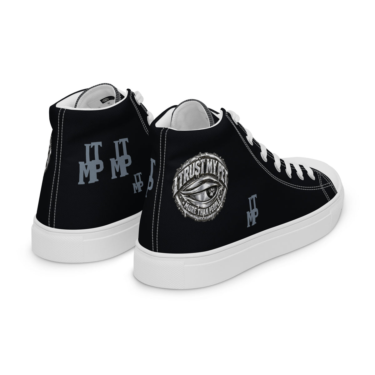 I Trust My Pet™ women’s Signature Monogram high-top canvas shoes with white soles and matching laces, rear three-quarter view with crest and monogram details.
