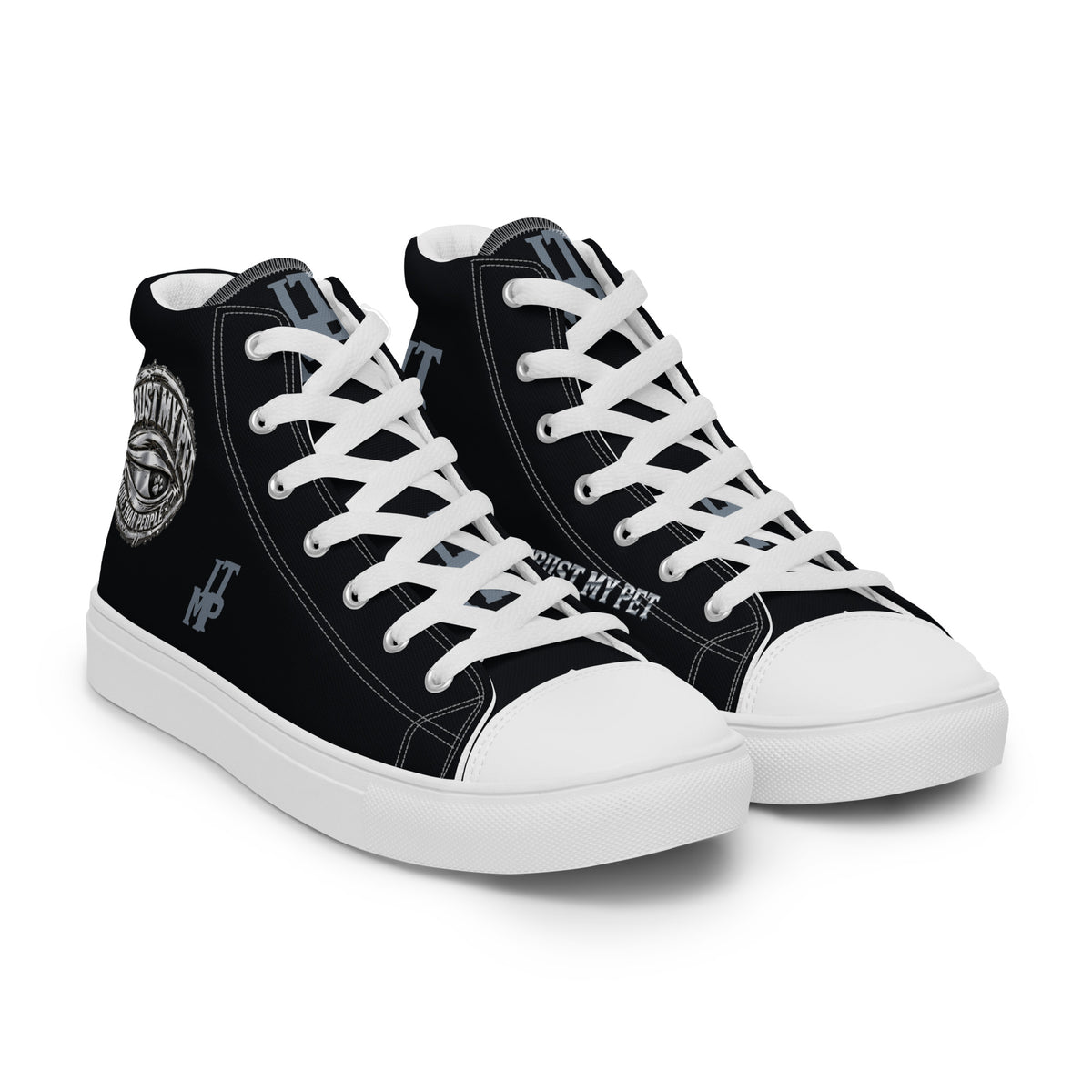I Trust My Pet™ women’s Signature Monogram high-top canvas shoes with white soles and matching laces, front three-quarter view with custom lettering and ankle crest.