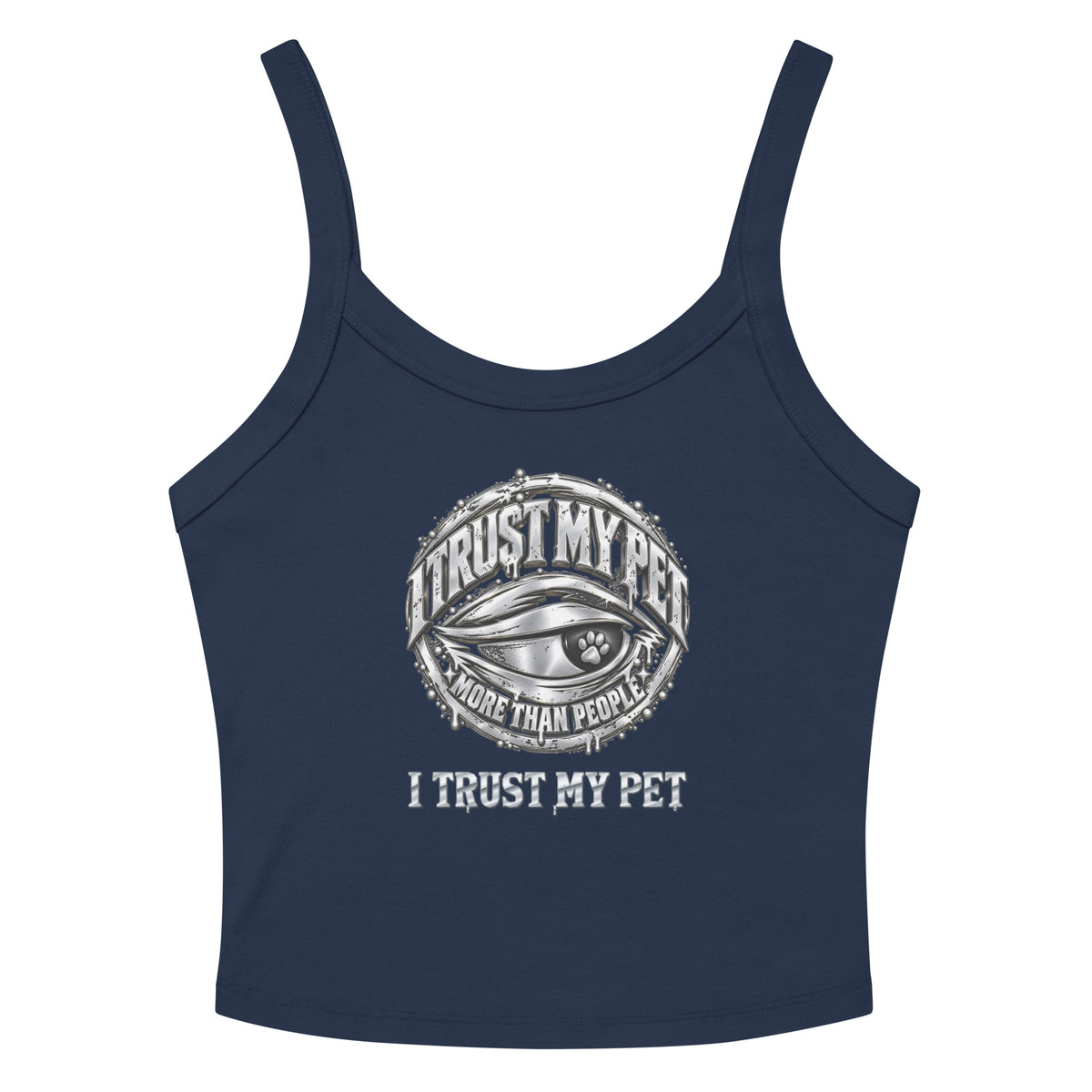 I Trust My Pet™ Silver Circle women’s micro-rib tank in Navy with the original silver-look crest and custom wordmark, front flat view.