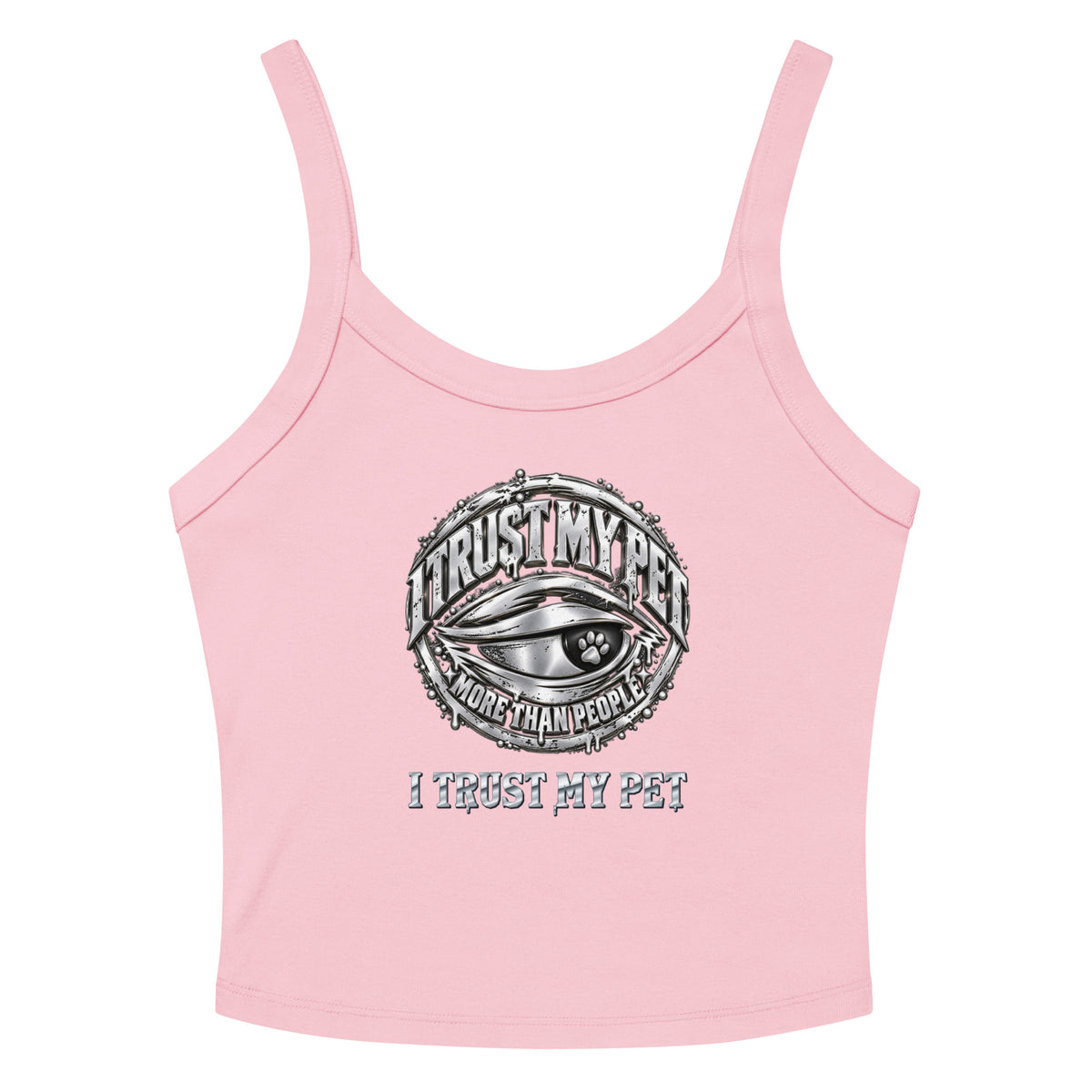 I Trust My Pet™ Silver Circle women’s micro-rib tank in Pink with the original silver-look crest and custom wordmark, front flat view.