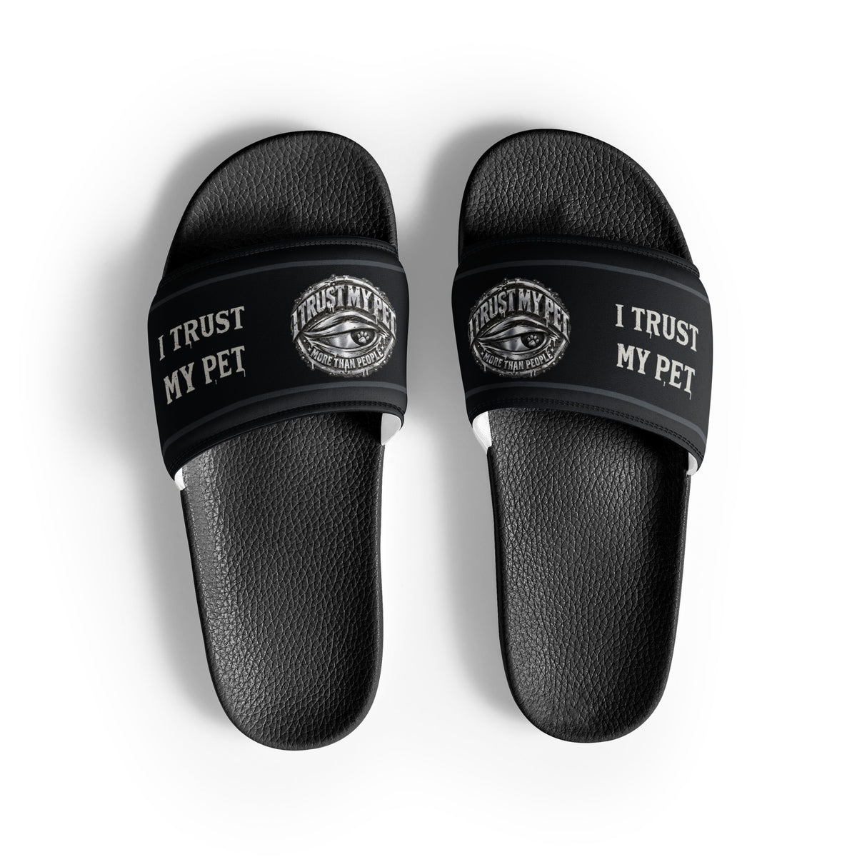 Top view of black I Trust My Pet™ women’s slides with mirrored crests toward the big toes and matte outside lettering