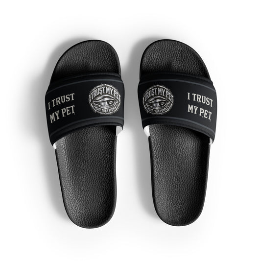 Top view of black I Trust My Pet™ women’s slides with mirrored crests toward the big toes and matte outside lettering