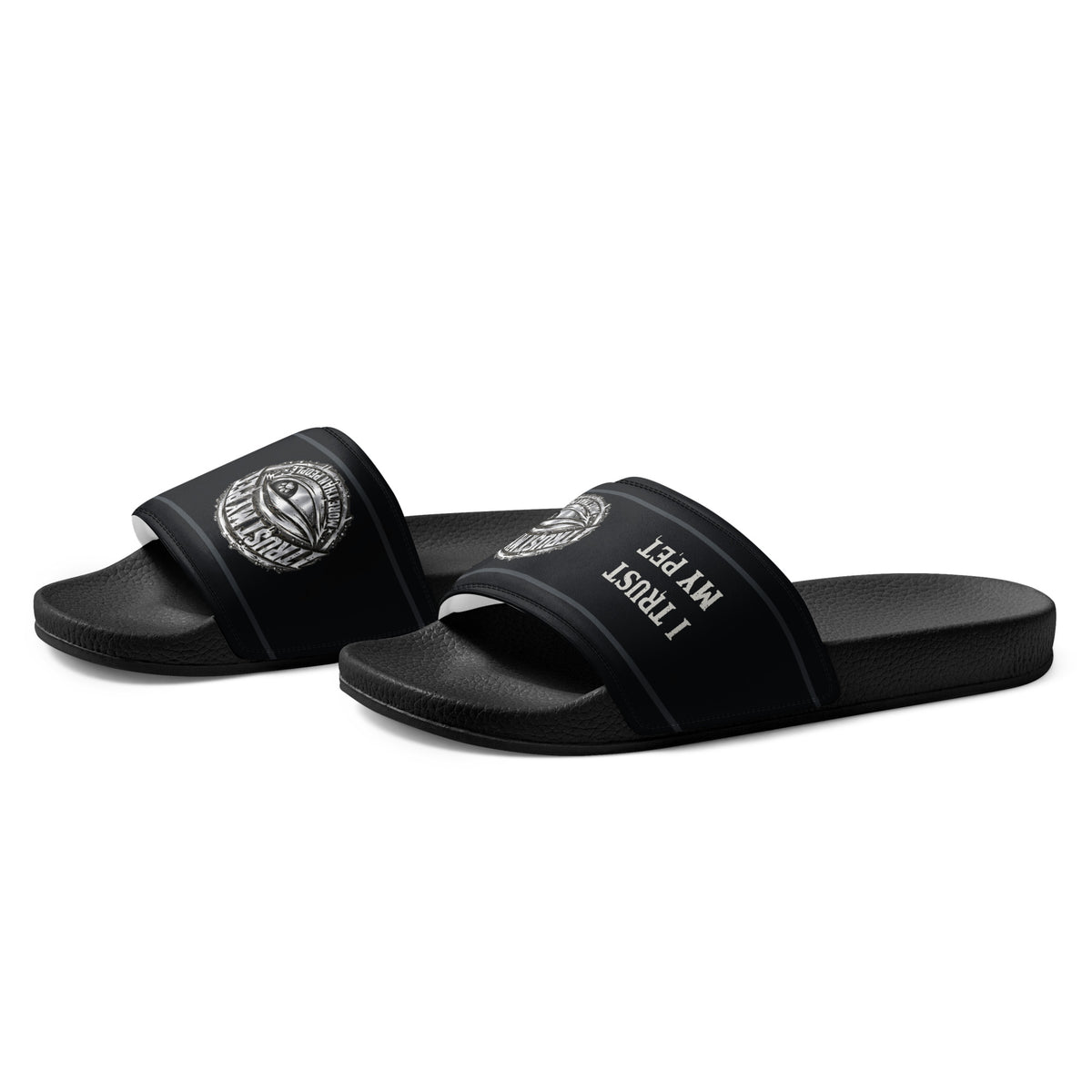 Angled front-left view of black I Trust My Pet™ slides with original crests and charcoal strap borders