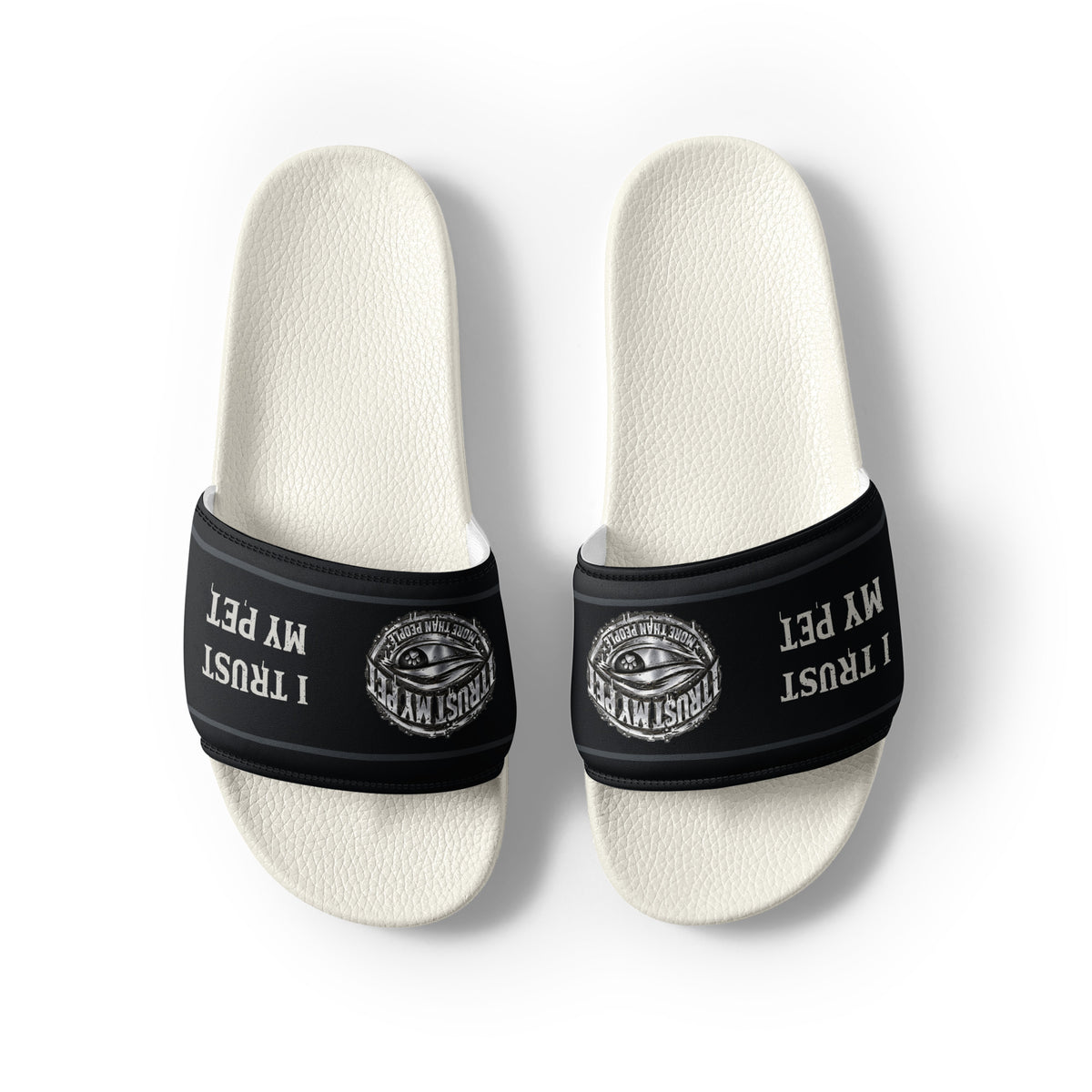 Heel-facing top view of white-soled I Trust My Pet™ Signature Crest slides