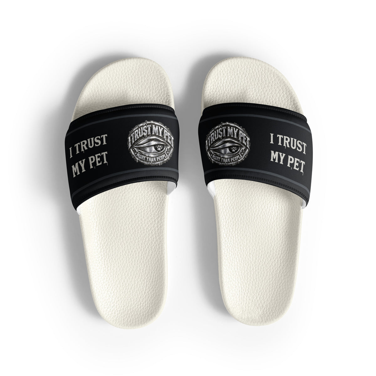 Top view of white-soled I Trust My Pet™ women’s slides with black straps and mirrored inner crests