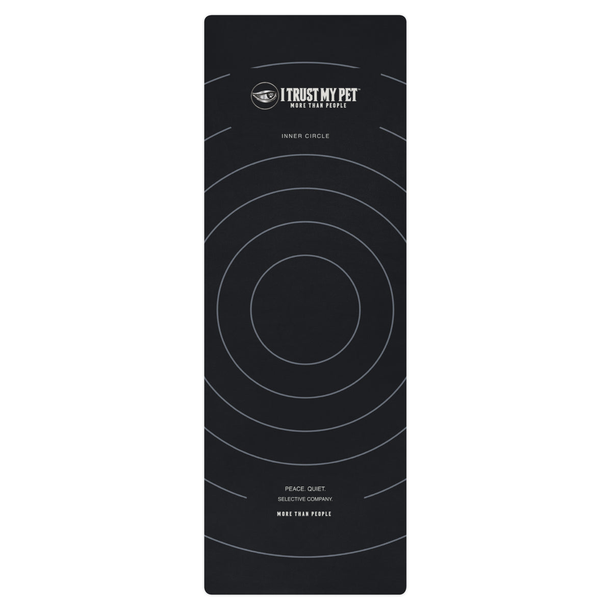 I Trust My Pet™ Inner Circle black yoga mat, full top view with complete signature logo and broad concentric circles