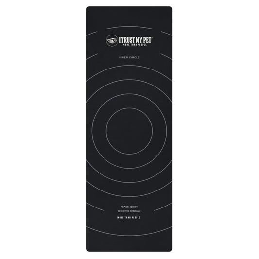 I Trust My Pet™ Inner Circle black yoga mat, full top view with complete signature logo and broad concentric circles