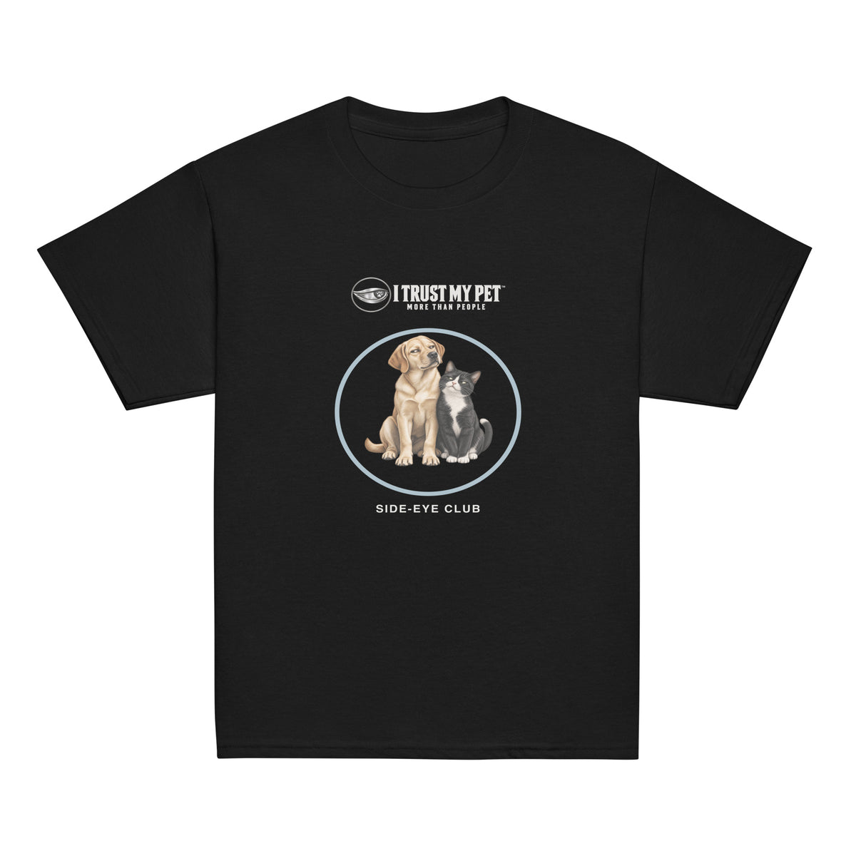 Black I Trust My Pet™ Side-Eye Club youth cotton T-shirt, front with the complete logo and squinty side-eye dog-and-cat duo inside a blue circle.