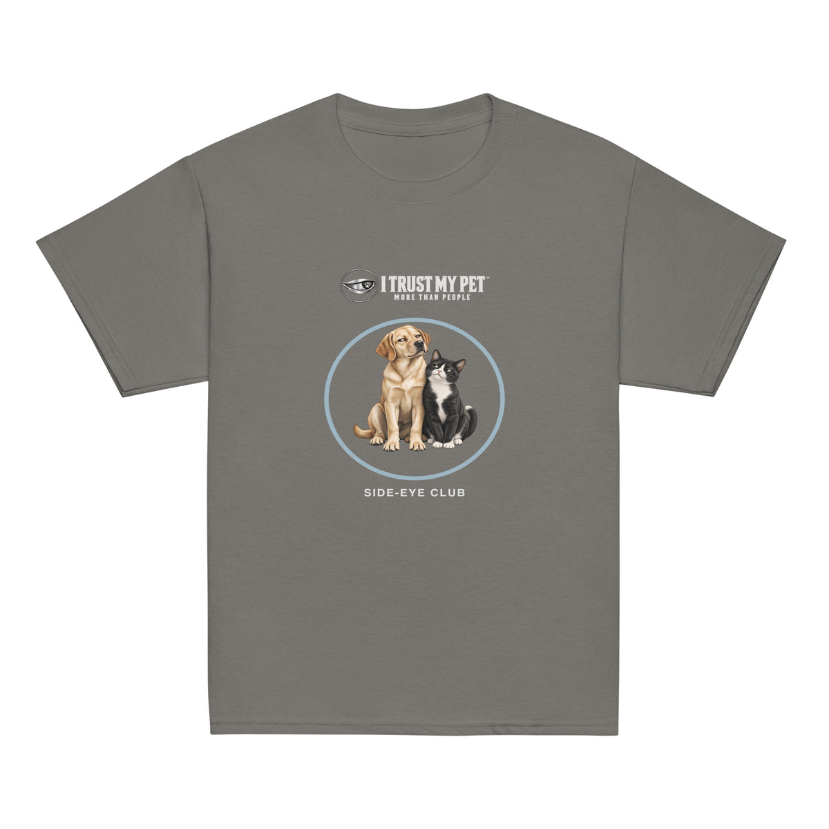 Charcoal I Trust My Pet™ Side-Eye Club youth cotton T-shirt, front with the complete logo and squinty side-eye dog-and-cat duo inside a blue circle.