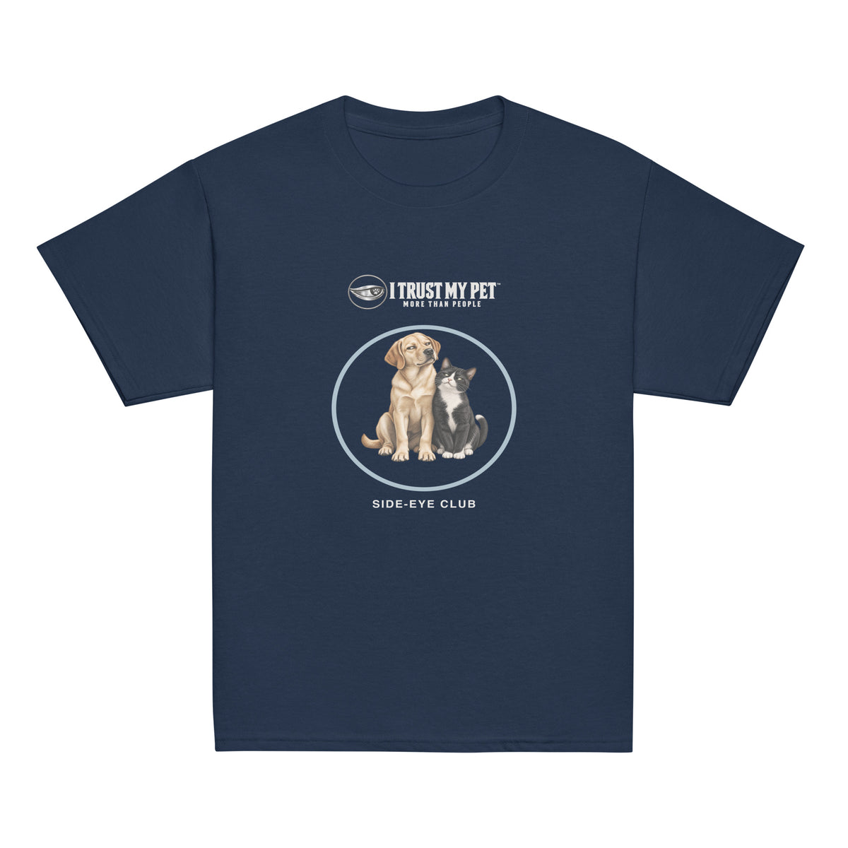 Navy I Trust My Pet™ Side-Eye Club youth cotton T-shirt, front with the complete logo and squinty side-eye dog-and-cat duo inside a blue circle.