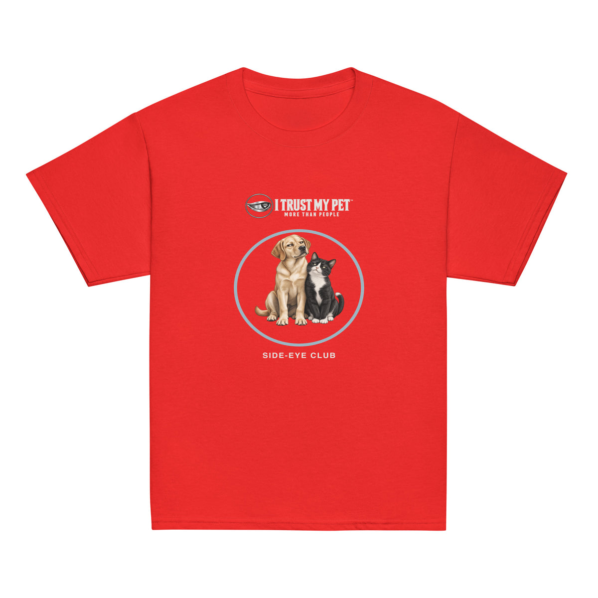 Red I Trust My Pet™ Side-Eye Club youth cotton T-shirt, front with the complete logo and squinty side-eye dog-and-cat duo inside a blue circle.