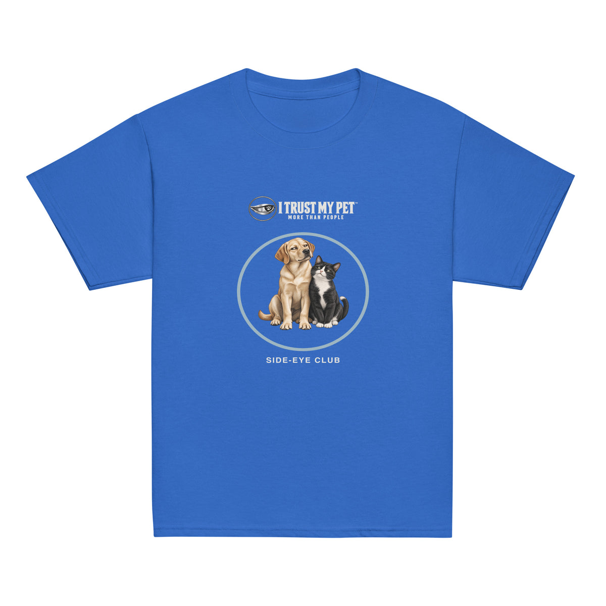 Royal I Trust My Pet™ Side-Eye Club youth cotton T-shirt, front with the complete logo and squinty side-eye dog-and-cat duo inside a blue circle.
