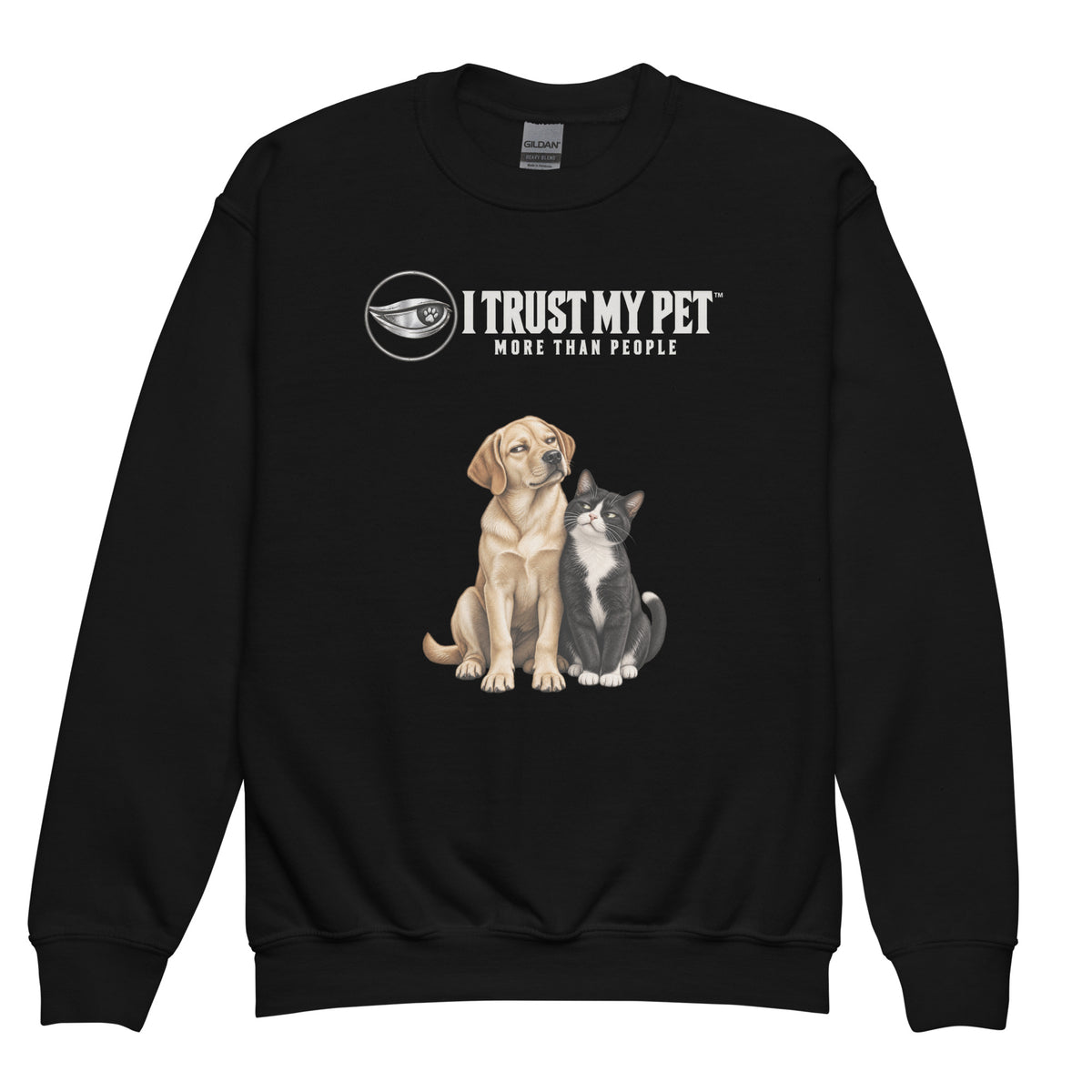 Black After School youth fleece crewneck, front with original squinty side-eye Labrador and cat below the complete I Trust My Pet™ logo, garment-only view.