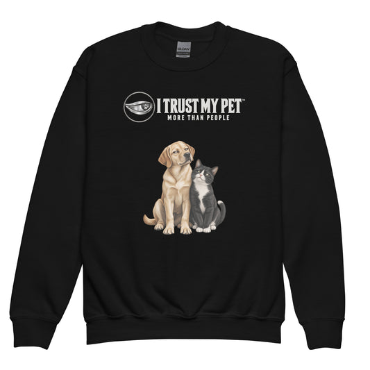 Black After School youth fleece crewneck, front with original squinty side-eye Labrador and cat below the complete I Trust My Pet™ logo, garment-only view.