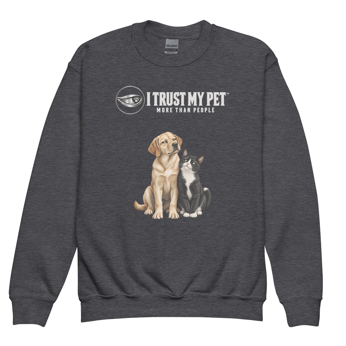 Dark heather After School youth fleece crewneck, front with original squinty side-eye Labrador and cat below the complete I Trust My Pet™ logo, garment-only view.