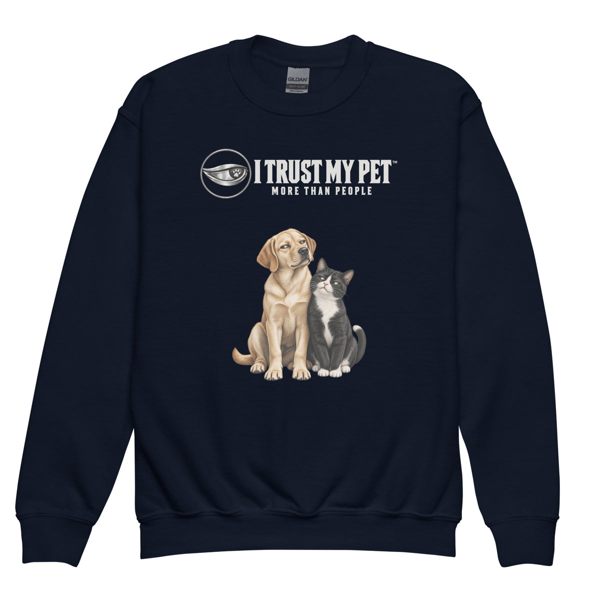 Navy After School youth fleece crewneck, front with original squinty side-eye Labrador and cat below the complete I Trust My Pet™ logo, garment-only view.