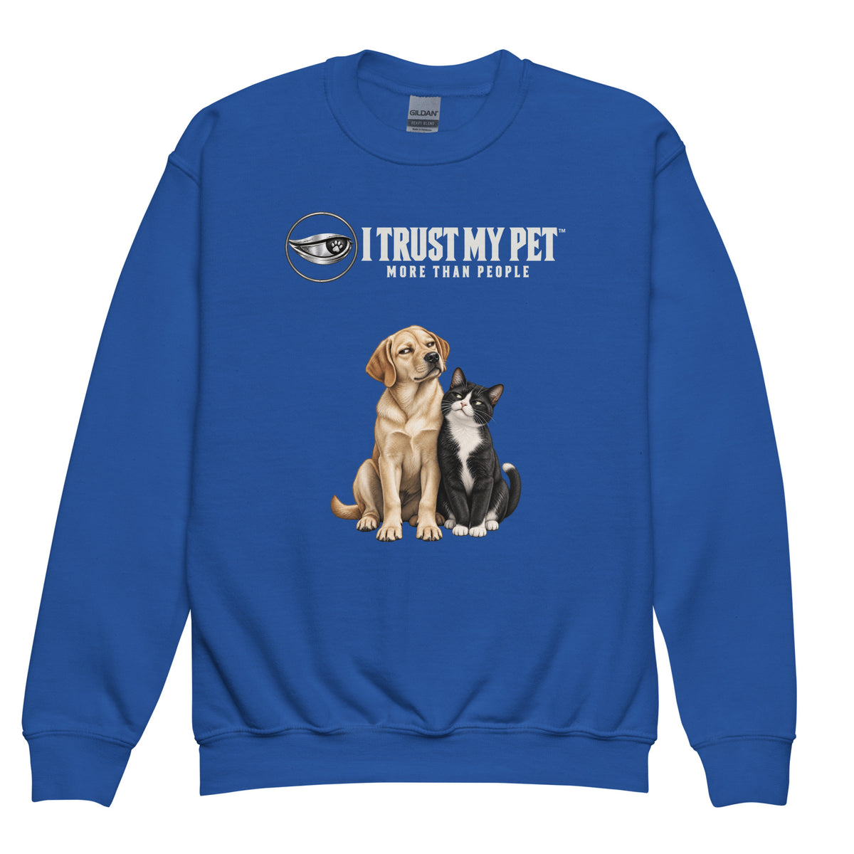 Royal After School youth fleece crewneck, front with original squinty side-eye Labrador and cat below the complete I Trust My Pet™ logo, garment-only view.