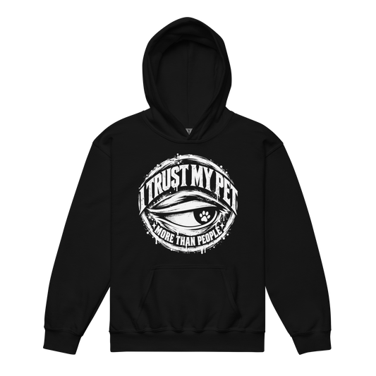 I Trust My Pet™ More Than People Youth Fleece Hoodie in Black, front view