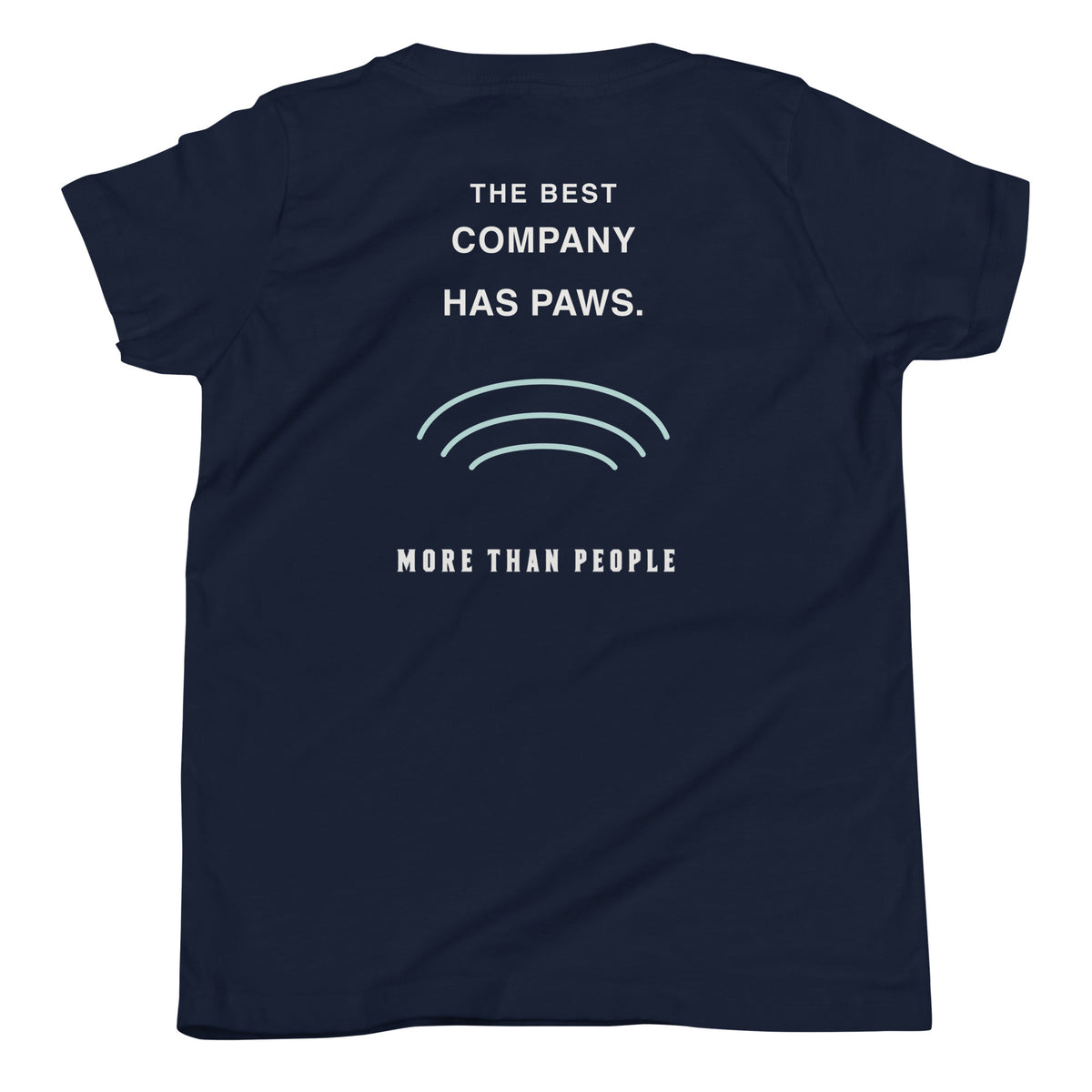 Navy I Trust My Pet™ Best Friend Club youth tee, back view with The best company has paws graphic, teal arches, and More than people lettering.